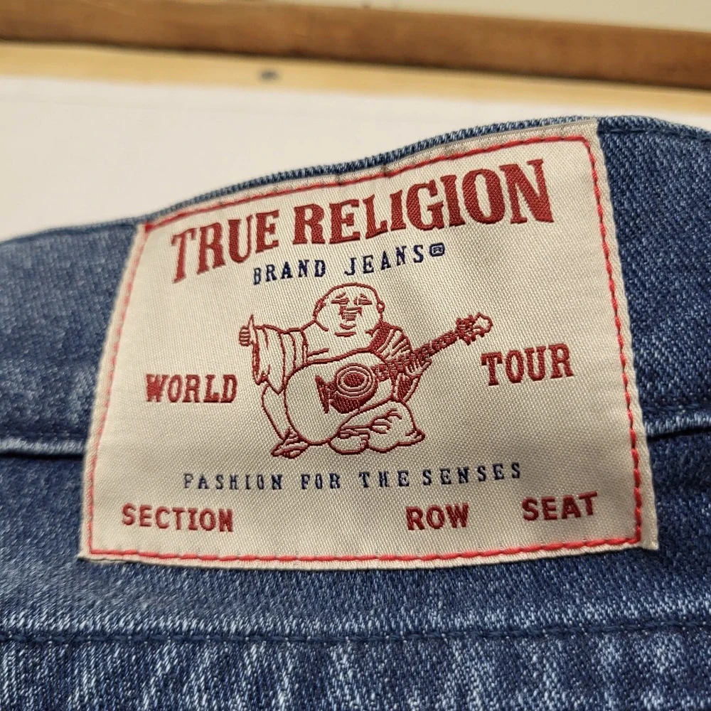 New True Religion Jeans Mens 34/32 Rocco Relaxed Skinny Flap Stretch Blue Faded